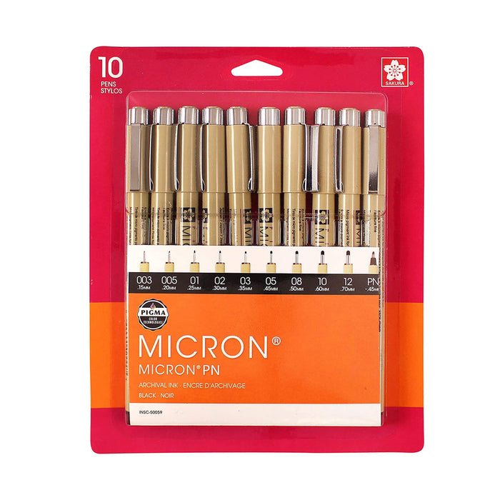 Pigma Micron® Fine and Bold Multi-tip 10-Pen Set, Black Ink (Sakura)