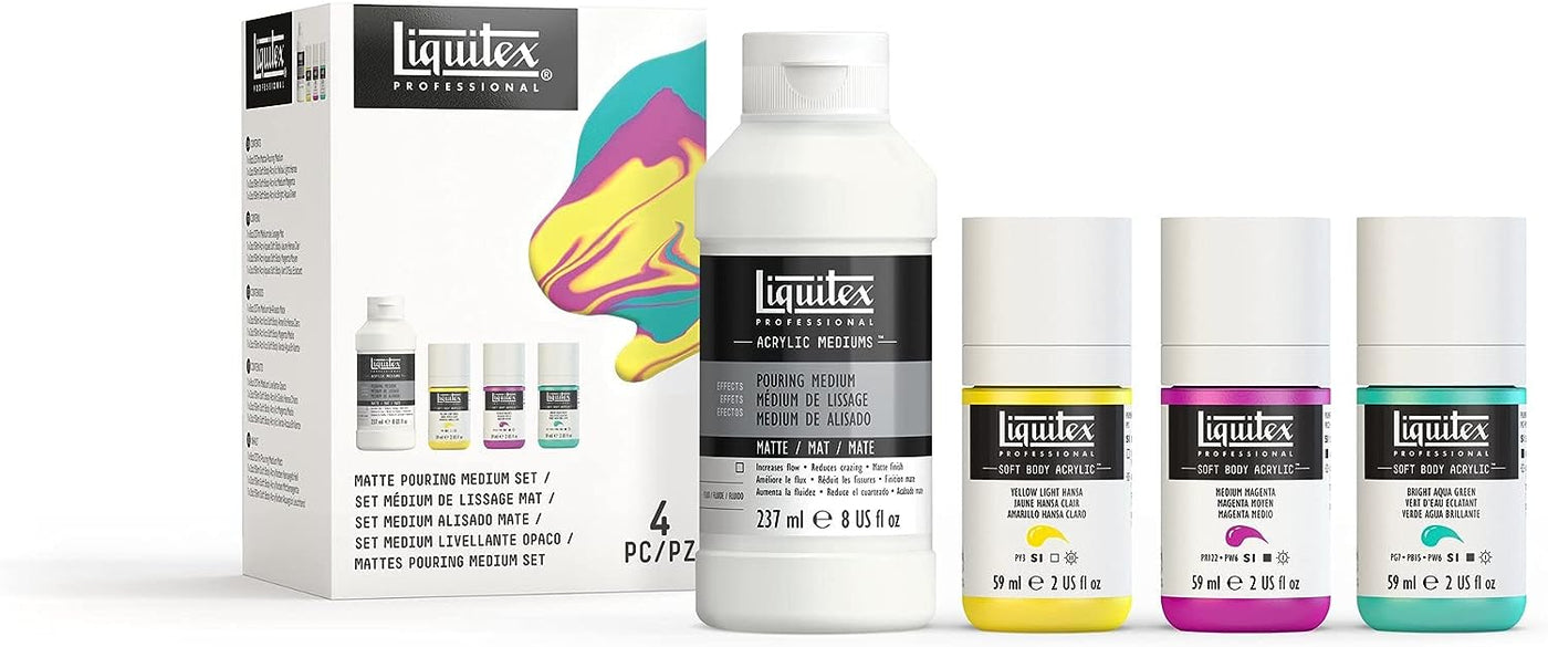 Matte Pouring Medium Set with 3 Soft Body Colors (Liquitex Acrylic