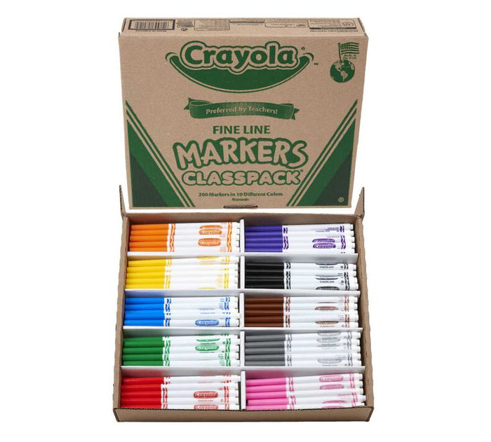 Crayola Non-Washable Fine Line Markers Classpack, 10 Colors, 200 Count (Crayola)