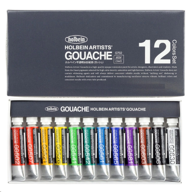 Holbein Artists' Gouache, Set of 12 Colors, 5 ml tubes (Holbein Artist Gouache)